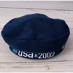 Roots Beret 2002 Olympics Team USA Blue Fleece Hat Beanie Vintage Made in Canada